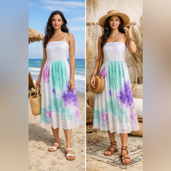 Dresses & Skirts - Pastel Tie Dye Eyelet Sundress Boho Coastal Cottagecore Midi Summer Vacation Lg